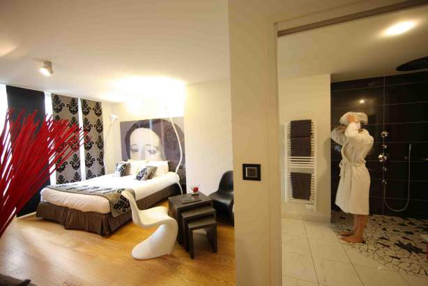 Pink room with bathroom and large walk-in shower